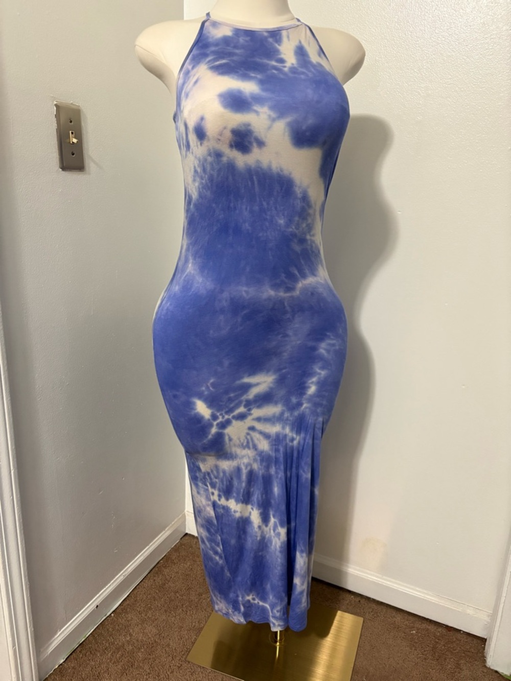 Fashion Nova Blue & White Tie-Dye Halter Maxi Dress NWT Small